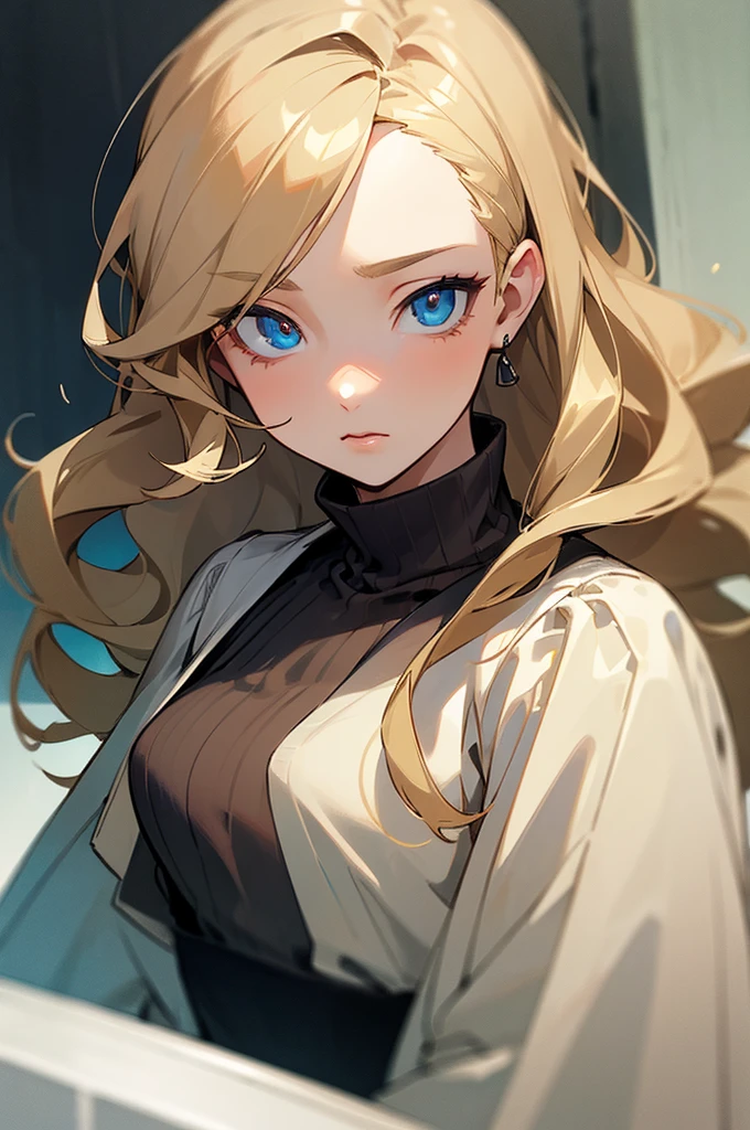 (masterpiece), best quality, expressive eyes, perfect face, blonde, femme, cold hearted, fem. soft colored clothing modern attire, mean, anime, mute, rotted personality, long wavy hair, adult, older woman, clean cut, idol, polished,
