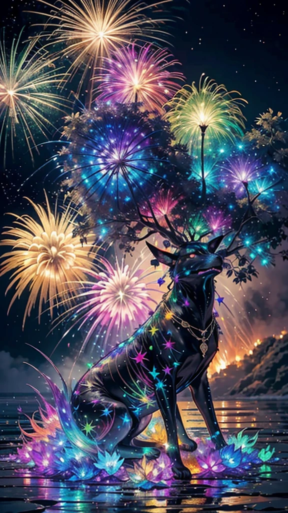 Fantastic scenery、firework、firework大会、Rainbow colorsのfireworkが打ちあがっている瞬間、With the night sky、壮大なfirework、future都市、Highest quality、masterpiece, (Diffuse reflection of light:1.2), When the fantastic rainbow turns into shadow, bathed in a mystical atmosphere.The cats are watching too、Colorful Cats, Cast magic spells. evoke a sense of wonder and awe. A fusion of natural grandeur and magic, Weaving dreams into reality. Behold, null, And the unknown, Fleeting、And an eternal moment, 16K, Ultra-high resolution.Realistic, Ultra-high resolution, to be born,future、Rainbow colorsに光り輝く、Rainbow colors、The world 30 years from now。