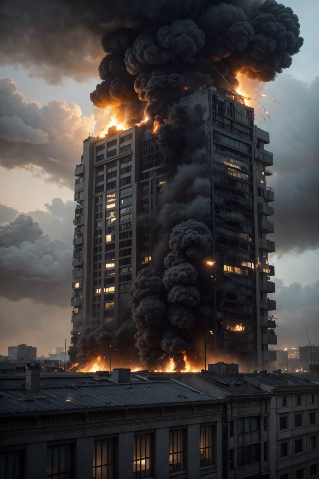 a building exploding with people running around, smoke, cloudy weather, fire in the streets, cinematic, dramatic, cinematic action, chaos, dynamic, high-intensity, cinematic lighting, muted colors, realistic, photorealistic, 8k, extremely detailed, masterpiece