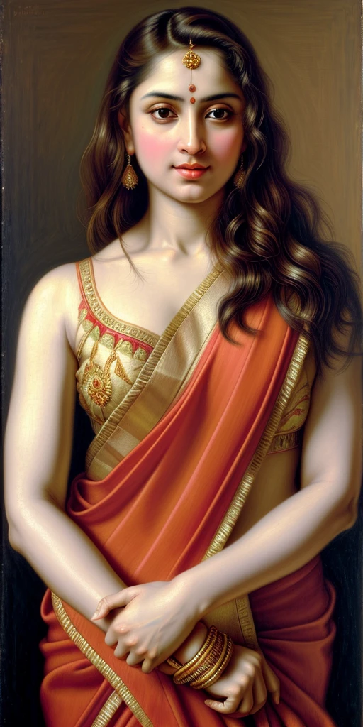 Beautiful Indian Woman, wearing saree, sari Beauty, gorgeous, Apsara, Maharani, royal queen woman, nymph from Hindu Mythology, Urvashi, matchless beauty, Highly detailed, Oil Painting by Peter Paul Rubens inspired by Raja Ravi Varma, Matchless beauty, captivating, gorgeous, heavenly beauty, celestial beauty, by Peter Paul Rubens, 13, realistic, hyper realistic, micro details, incredible artwork, insane details, ultra High resolution, 8k, 32k, acrylic on canvas, intricate, flawless, detailed, detailed face, detailed eyes, masterpiece, by Peter Paul Rubens, by Caravaggio, by William Adolphe bouguereau, perfect face, perfect body, beautiful art, realism, baroque, renaissance Art, highly textured, beautiful and detailed eyes, uhd, best quality, flawless art, detailed art,