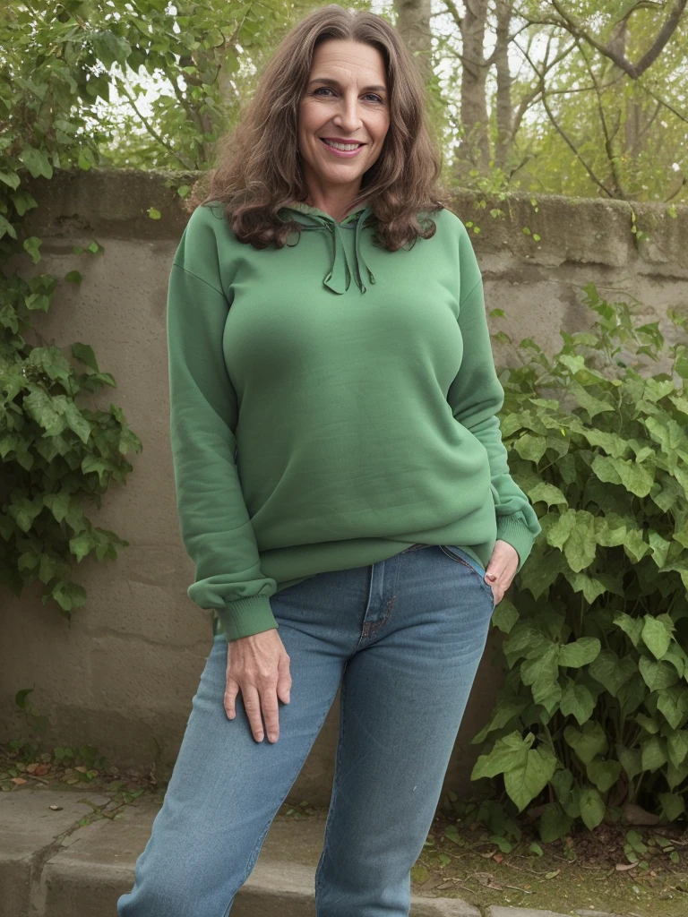 1 girl, solo, Liechtensteiner woman, Old woman, her name is Lissa, (((50 years old woman))), (mother), (((wrinkles))), ((brunette)), ((fair skin)), ((rectangular face)), ((Liechtensteiner nose)), ((big plump lips)), ((high cheeks)), ((medium hair)), ((wearing green Sweatshirt and jeans)), ((background: noon outdoor settings in Europe)), ((wide shot)), smiling