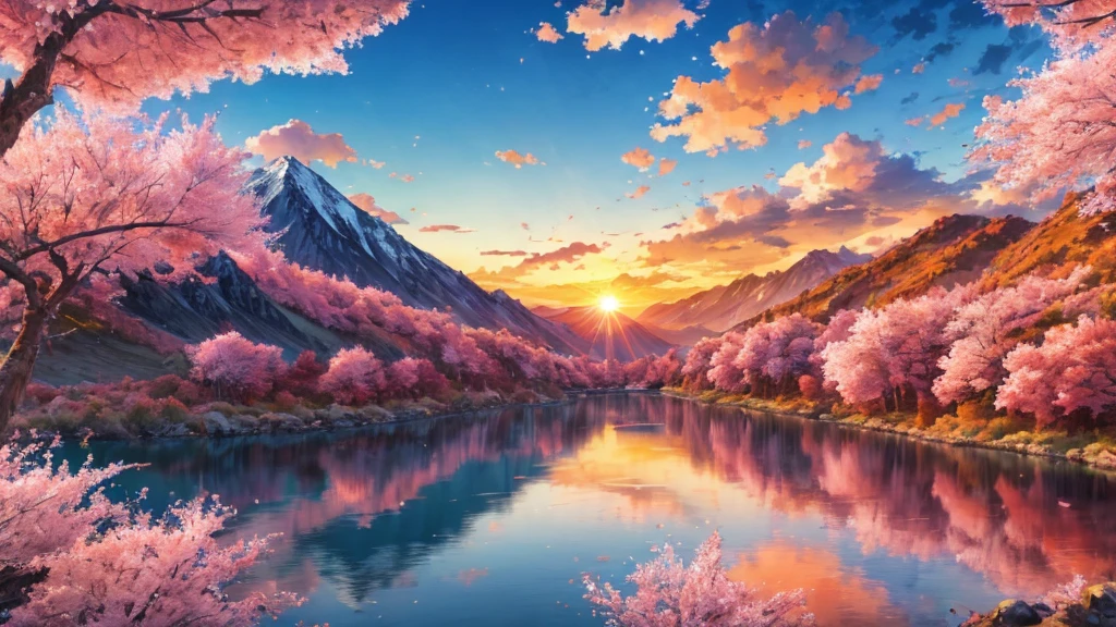 Anime landscape, mountain scenery in the morning, orange sky with the sun rising behind the mountains, bright and colorful anime style, giving a peaceful and calm feeling, with flowering cherry trees around a small quiet lake, 4k resolution.