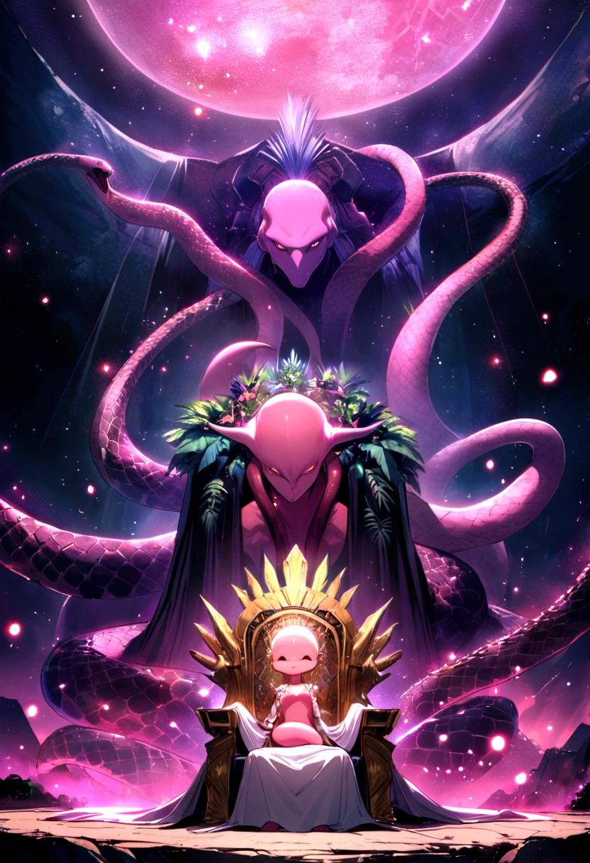 Prehistoric Snakes, Particles of light, Majin Buu, Emperor, Throne, Cosmic Jungle, Background planet, Bioluminescent