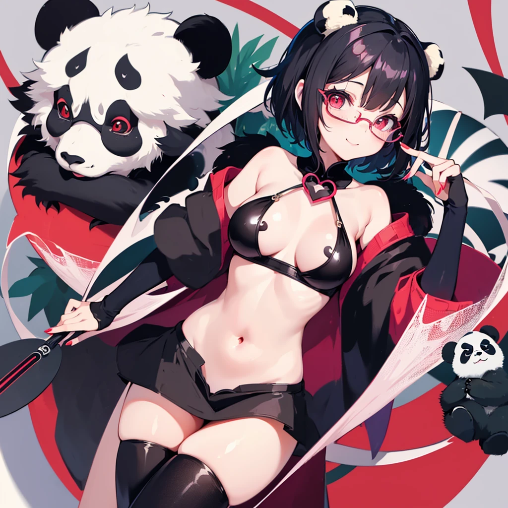 A girl with panda cosplay, red eyes, black hair, short hair, long bangs, pink lips, detailed face, cute art, anime art, (glasses), seductive girl, cute smile, good body shape, (demon girl), oni horns, ((panda costume)), lewdy, (ero), sexy girl