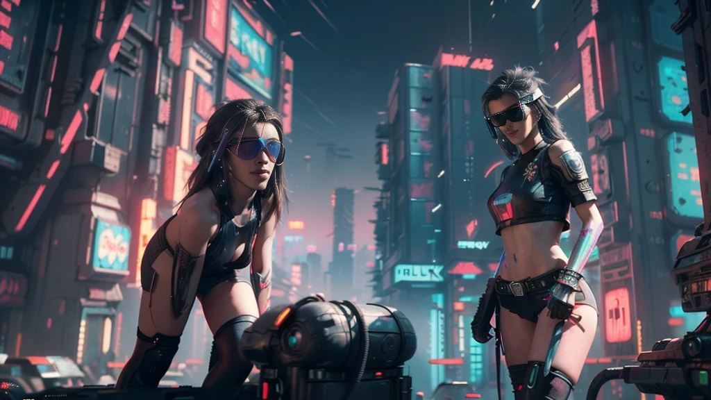 masterpiece, best quality, high resolution, 8k, (Portrait Photos:1.5), (R Original Photo), real picture, Digital Photography, (A fusion of cyberpunk and fantasy), 20 year old girl, solo, (((black sunglasses))), Feel free to hairstyle, Purple Eyes, By Bangs, (Medium breasts, Accessories, Elegant and charming, Combination of cyberpunk and fantasy style clothing, Hollow carving design, Photo poses, Realistic style, oc render reflection texture, sentry, (((((aerial view of Cyberpunk style future city))))), night, Bustling streets, (((((half-body (thigh level) medium shot))))), Medium distance photography