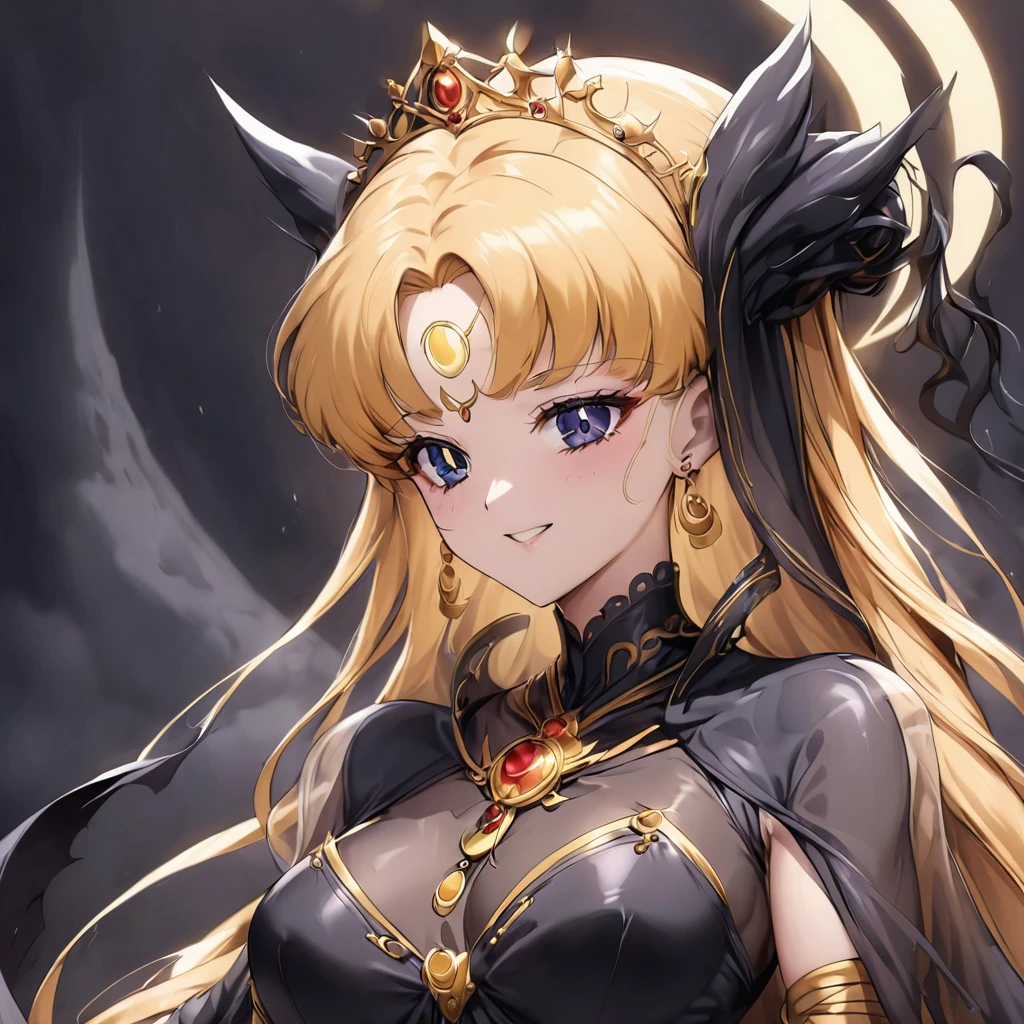 ((Highest quality)), ((masterpiece)), (detailed), （Perfect Face）、The woman is having sex with the majestic, powerful, and deformed demon king.、The woman is a dark queen with a black inverted crescent moon mark on her forehead, wearing a gorgeous, glittering black Gothic Victorian dress, a black veil, and a black see-through cape, as well as luxurious jeweled accessories.、The man is Demand, the dignified, evil, and powerful silver-haired demon king.、The Demon King of the Black Moon and the Dark Queen of the Black Moon having sex and making love、The woman is Black Serenity, the noble dark queen of the Black Moon clan and has blonde hair.２The woman with long hair tied up is Princess Serenity、A woman is embracing and having sex with a strong and evil demon king man.、The man is a strong and evil demon king who is embracing the woman and having sex with her.