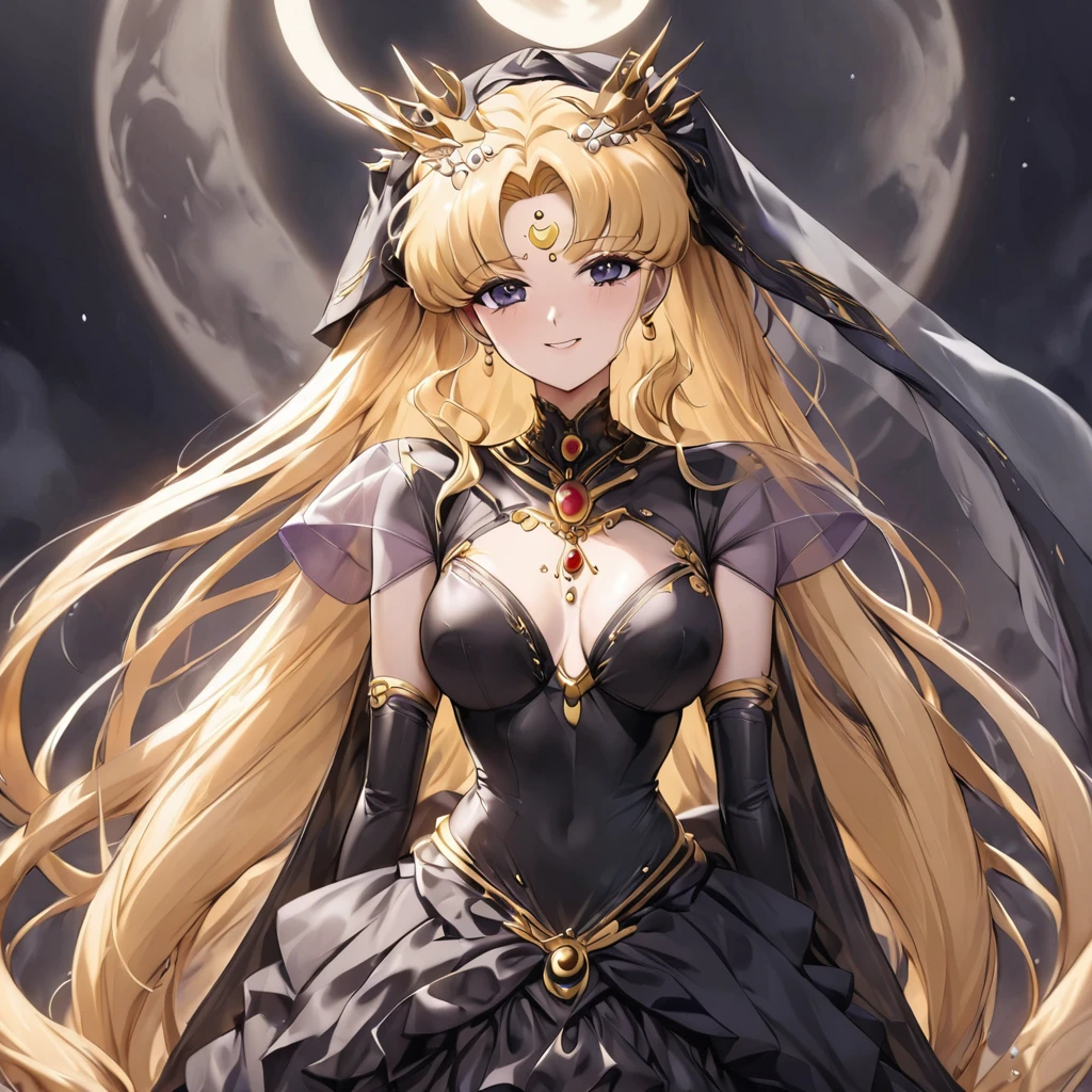 ((Highest quality)), ((masterpiece)), (detailed), （Perfect Face）、Black moon mark on forehead、The woman is Black Serenity, the noble dark queen of the Black Moon clan and has blonde hair.２The woman with long hair tied up is Princess Serenity、The woman has a black inverted crescent moon mark on her forehead, a gorgeous and glittering black gothic Victorian dress, a black veil and a black see-through cape, and is wearing luxurious jeweled accessories. She is the Queen of Darkness, the jet-black Princess Serenity, looking at the camera with a happy expression, and has the expression of a maiden in love.