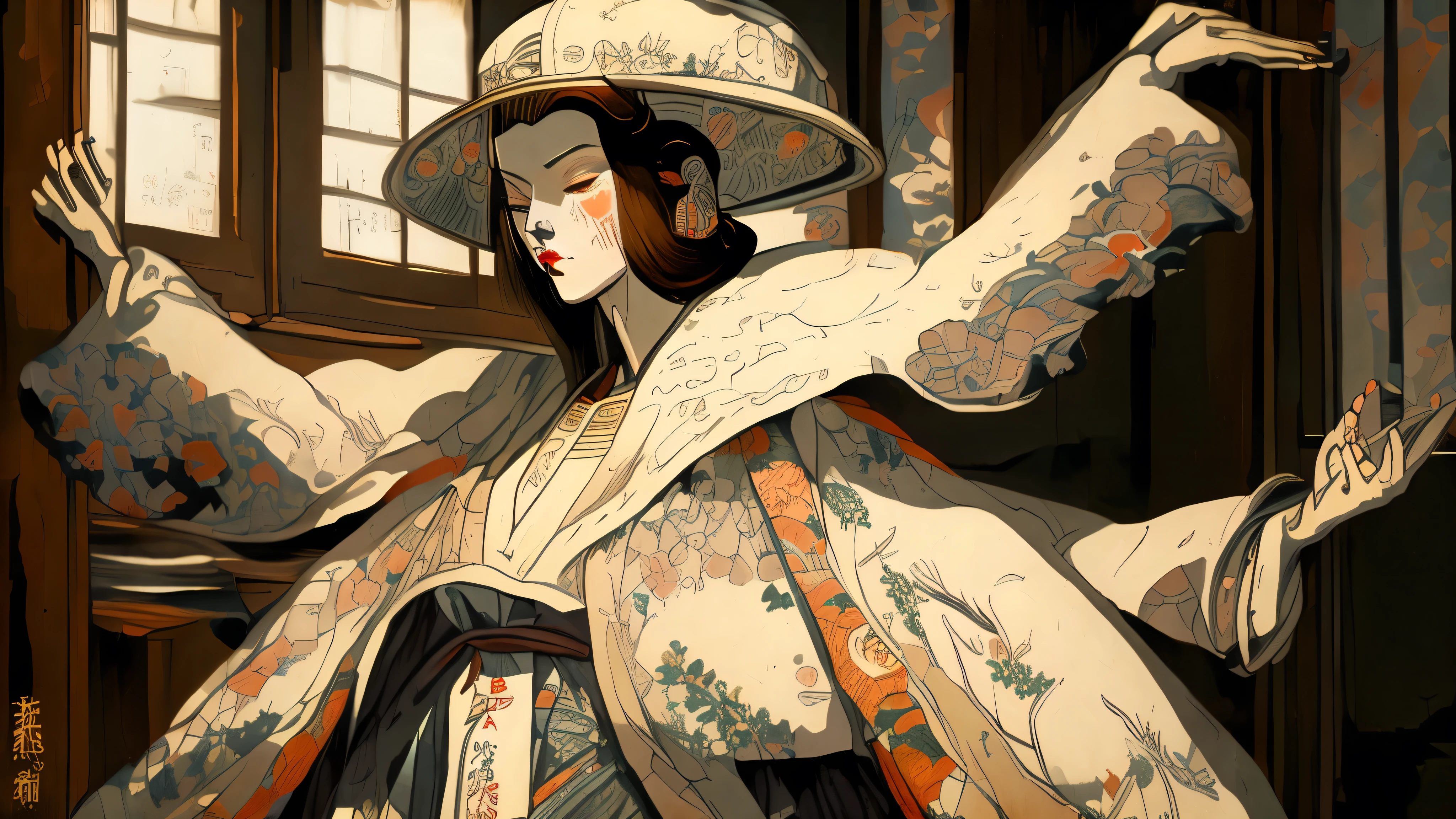 masterpiece, best quality, ukiyo-e:1.2, in eitoku style, a beautiful 20s russian model, ultra detailed face
