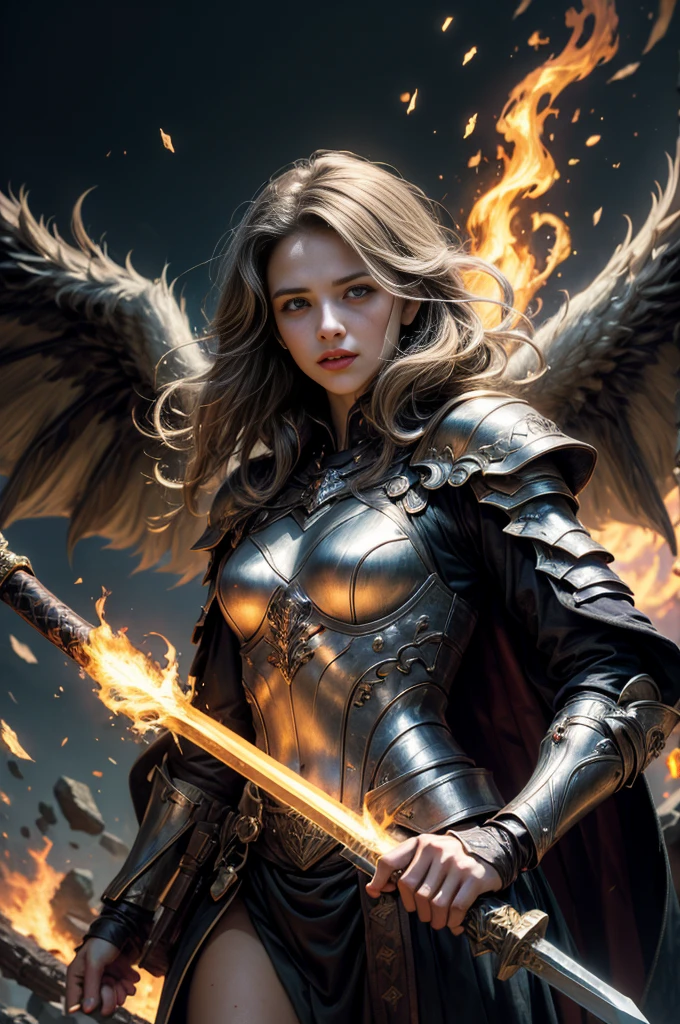 ((super fine illustration, 8k, Masterpiece :1.2, Sharp focus :1.2, depth of field:1.2)), Beautiful swordswoman, absurdity, Highly detailed face and skin texture, silver hair, jet-black armor, flame armor, cloak wrapped in flames, sword wrapped in flames, flame wings, determination to overcome sorrow, A sign of determination in your gentle eyes , strong soul