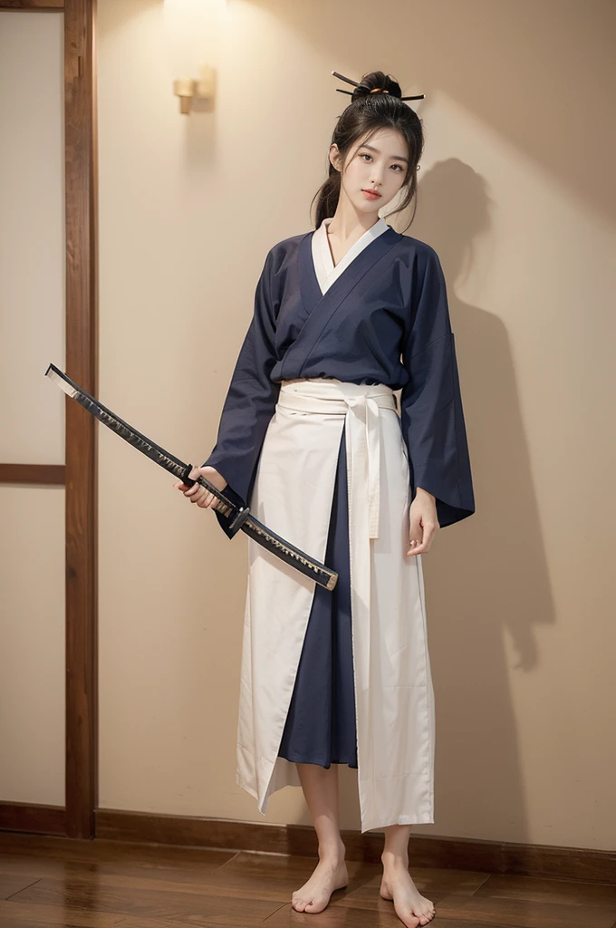 (((best quality))),(((ultra detailed))),(((masterpiece))),illustration,1girl,solo,short ponytail,slim,thin,small breasts,flat chest,white collar,white kendogi,three-quarter sleeves,maxi navy-blue kendo hakama,slender legs,standing in kendodo gym,(holding a wooden samurai katana in hand:1.3),arms behind back,focused and determined expression,ready for challenge,slender and elegant face,confident and resilient,fair skin,blush,neat teeth,bright smile,clean and tidy uniform,wooden gym floor,wall,pine scent,standard grip,ready to slice through obstacles,strong belief,determination,spirit of resilience,admiring,from front,full body,bare feet