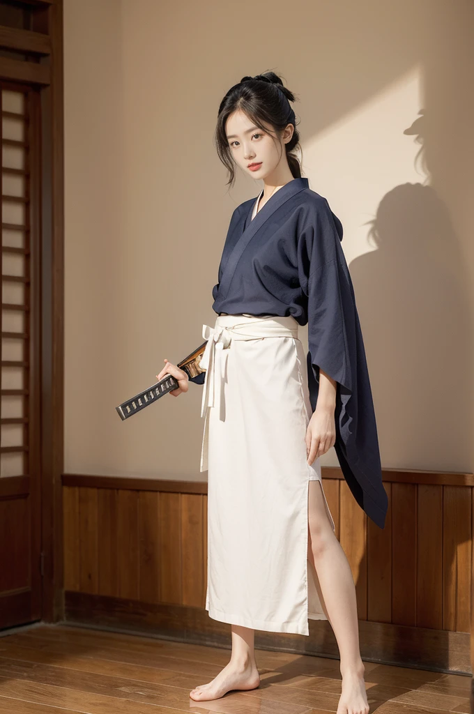 (((best quality))),(((ultra detailed))),(((masterpiece))),illustration,1girl,solo,short ponytail,slim,thin,small breasts,flat chest,white collar,white kendogi,three-quarter sleeves,maxi navy-blue kendo hakama,slender legs,standing in kendodo gym,(holding a wooden samurai katana in hand:1.3),arms behind back,focused and determined expression,ready for challenge,slender and elegant face,confident and resilient,fair skin,blush,neat teeth,bright smile,clean and tidy uniform,wooden gym floor,wall,pine scent,standard grip,ready to slice through obstacles,strong belief,determination,spirit of resilience,admiring,from front,full body,bare feet