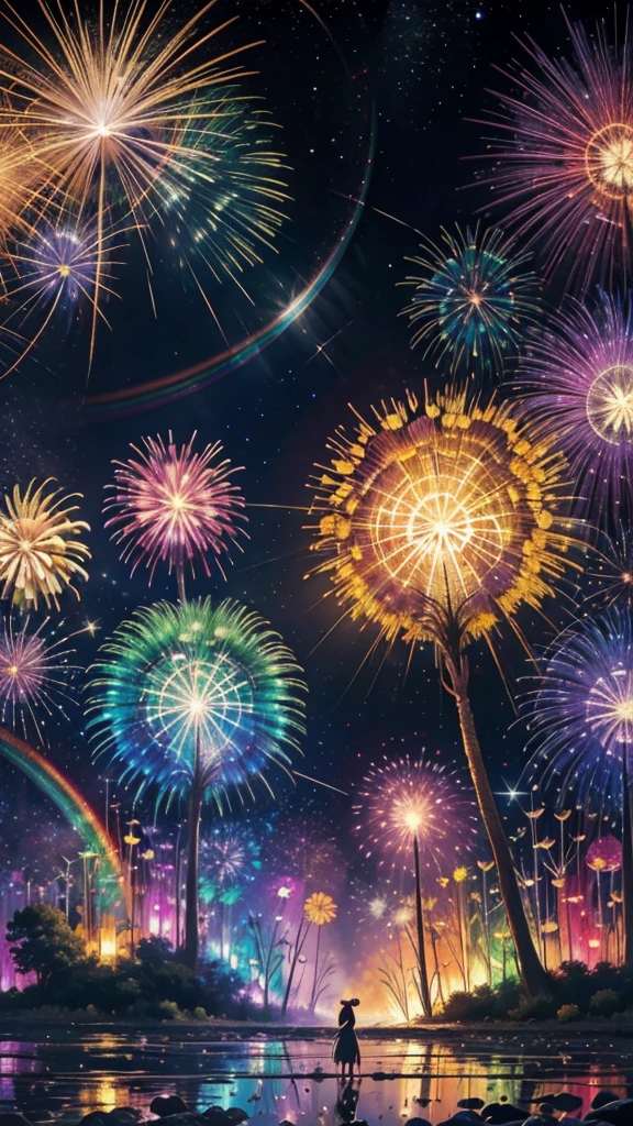 Fantastic scenery、firework、firework大会、Rainbow colorsのfireworkが打ちあがっている瞬間、With the night sky、壮大なfirework、future都市、Highest quality、masterpiece, (Diffuse reflection of light:1.2), When the fantastic rainbow turns into shadow, bathed in a mystical atmosphere.The cats are watching too、Colorful Cats, Cast magic spells. evoke a sense of wonder and awe. A fusion of natural grandeur and magic, Weaving dreams into reality. Behold, null, And the unknown, Fleeting、And an eternal moment, 16K, Ultra-high resolution.Realistic, Ultra-high resolution, to be born,future、Rainbow colorsに光り輝く、Rainbow colors、The world 30 years from now。