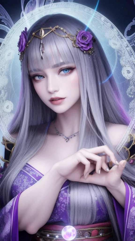 (masterpiece, top quality, 1 female, solo, exquisite details, chromatic aberration), (realistic), (skin), ((breathing)), (silver hair, blunt bangs, cropped straight long hair, short bangs, silver hair), beautiful hair, red headdress, highlights, hair on one eye, beautiful eyes, purple eyes, thick lips, earrings, piercing eyes, ((gold and white kimono)), ((symmetrical eyes)), ((perfectly symmetrical body)), ((perfectly symmetrical hands)), (purerosface_v1:0.3), full moon night, ((self, natural light))), bright lighting, flowers blooming in the background, in front of the viewer, ((central shot, from the front, (face and shoulders))), mysterious atmosphere, colorful flowers blooming around, light colored background, fortune teller in kimono, beautiful fortune teller, fortune teller, Fantasy female fortune teller, female fortune teller, fantasy photography, Japanese style, fortune teller in kimono, elegant cinematic fantasy art, fantasy woman, magician portrait, fortune teller, powerful wizard surrounded by mystical colorful flowers, holding a glowing heart crystal ball, eyes glowing with mystical energy, spells leaking from her mouth, vivid swirls of sorcery pulsating with iridescent hues appear in the air, magic permeates, flowers bloom, sacred creatures gaze in awe, threads of magical energy dance, reveal hidden realms, unravel secrets, capture the essence of this enchanting moment and bring to life the mysterious power of sorcery on a canvas of the highest quality and finest detail. Top Quality, Masterpiece, Ultra High Resolution, (Photorealistic: 1.4), RAW Photo, Sharp Focus, High Resolution, Detailed Skin.