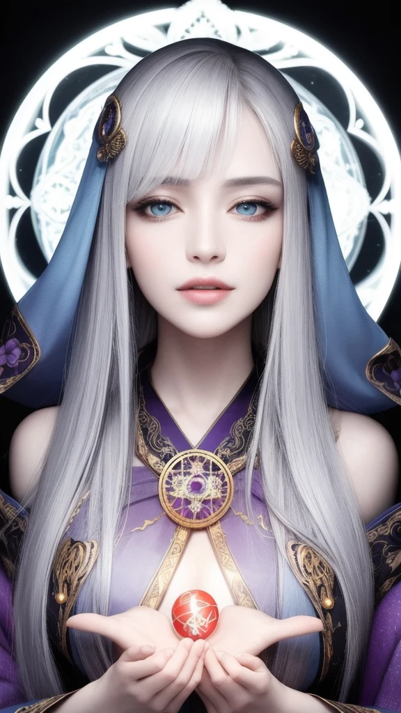 (masterpiece, top quality, 1 female, solo, exquisite details, chromatic aberration), (realistic), (skin), ((breathing)), (silver hair, blunt bangs, short straight long hair, short bangs, silver hair), beautiful hair, red headdress, blue highlights, hair over one eye, pretty eyes, purple eyes, thick lips, earrings, piercing eyes, ((gold and white kimono)), ((symmetrical eyes)), ((perfectly symmetrical body)), ((perfectly symmetrical hands)), (purerosface_v1:0.3), night, ((self, natural light))), bright lighting, flowers blooming in the background, in front of the viewer, ((central shot, from the front, (face and shoulders))), mysterious atmosphere, flowers blooming around, light colored background, fortune teller in kimono, beautiful fortune teller, fortune teller, fantasy female fortune teller, female fortune teller, f Fantasy photography, magician, witch fairy tale, Japanese style, elegant cinematic fantasy art, fantasy woman, sorceress portrait, casting spells, fortune teller, powerful wizard stands among mystical colorful flowers, fluttering robes adorned with symbols, holding a glowing heart crystal ball, eyes glowing with mystical energy, spells leaking from his mouth, vivid swirling patterns of black magic pulsating with iridescent hues appear in the air, magic permeates, flowers bloom, sacred creatures gaze in awe, threads of magical energy dance, revealing hidden realms, unravelling secrets, capturing the essence of this enchanting moment and bringing to life the mystical power of witchcraft on a canvas of the highest quality and finest detail. Top Quality, Masterpiece, Ultra High Resolution, (Photorealistic: 1.4), RAW Photo, Sharp Focus, High Resolution, Detailed Skin.
