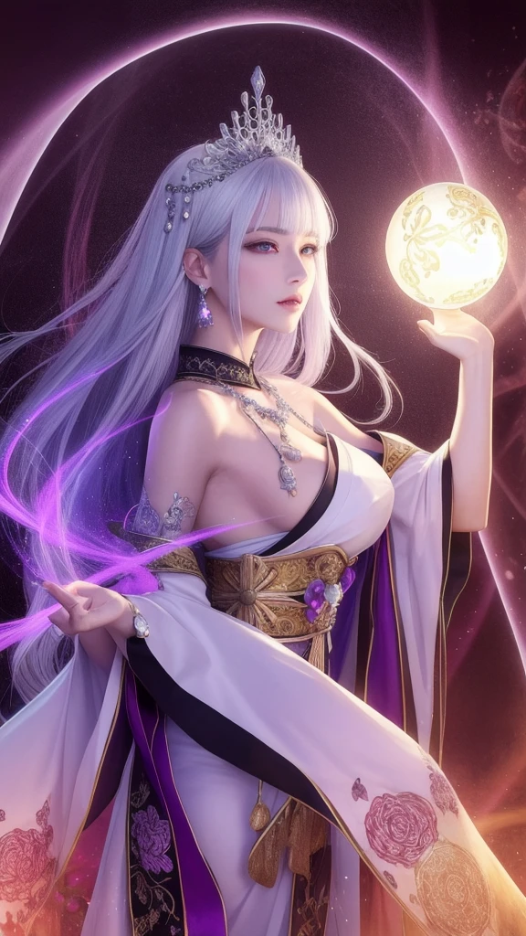 (masterpiece, top quality, 1 female, solo, exquisite details, chromatic aberration), (realistic), (skin), ((breathing)), (silver hair, blunt bangs, cropped straight long hair, short bangs, silver hair), beautiful hair, red headdress, highlights, hair on one eye, beautiful eyes, purple eyes, thick lips, earrings, piercing eyes, ((gold and white kimono)), ((symmetrical eyes)), ((perfectly symmetrical body)), ((perfectly symmetrical hands)), (purerosface_v1:0.3), full moon night, ((self, natural light))), bright lighting, flowers blooming in the background, in front of the viewer, ((central shot, from the front, (face and shoulders))), mysterious atmosphere, colorful flowers blooming around, light colored background, fortune teller in kimono, beautiful fortune teller, fortune teller, Fantasy female fortune teller, female fortune teller, fantasy photography, Japanese style, fortune teller in kimono, elegant cinematic fantasy art, fantasy woman, magician portrait, fortune teller, powerful wizard surrounded by mystical colorful flowers, holding a glowing heart crystal ball, eyes glowing with mystical energy, spells leaking from her mouth, vivid swirls of sorcery pulsating with iridescent hues appear in the air, magic permeates, flowers bloom, sacred creatures gaze in awe, threads of magical energy dance, reveal hidden realms, unravel secrets, capture the essence of this enchanting moment and bring to life the mysterious power of sorcery on a canvas of the highest quality and finest detail. Top Quality, Masterpiece, Ultra High Resolution, (Photorealistic: 1.4), RAW Photo, Sharp Focus, High Resolution, Detailed Skin.