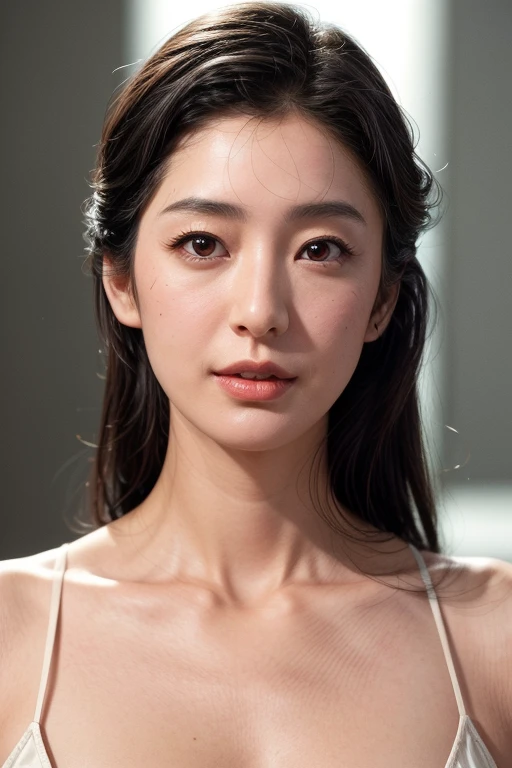(realistic, photo-realistic:1.4),(masterpiece, best quality:1.2), RAW photo, high resolution, intricate details, extremely detailed, realistic and sharp details, cinematic lighting, portrait, (bust shot:1.5), frontal photography, solo, 1girl, a Japanese woman, dark hair, slender body, detailed face, detailed eyes, sophisticated nose, pale skin, collarbone, large breasts, cleavage, photo background, indoors,,,[Keiko Takahashi aka Keiko Sekine]
