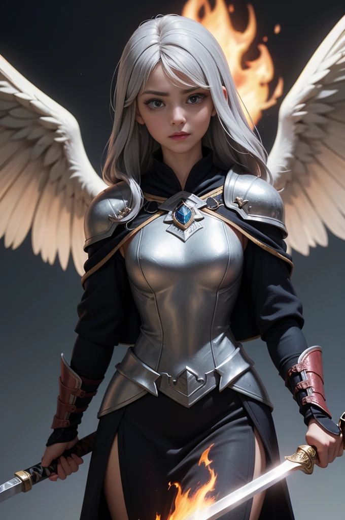 ((super fine illustration, 8k, Masterpiece :1.2, Sharp focus :1.2, depth of field:1.2)), Beautiful swordswoman, absurdity, Highly detailed face and skin texture, silver hair, jet-black armor, flame armor, cloak wrapped in flames, sword wrapped in flames, flame wings, determination to overcome sorrow, A sign of determination in your gentle eyes , strong soul