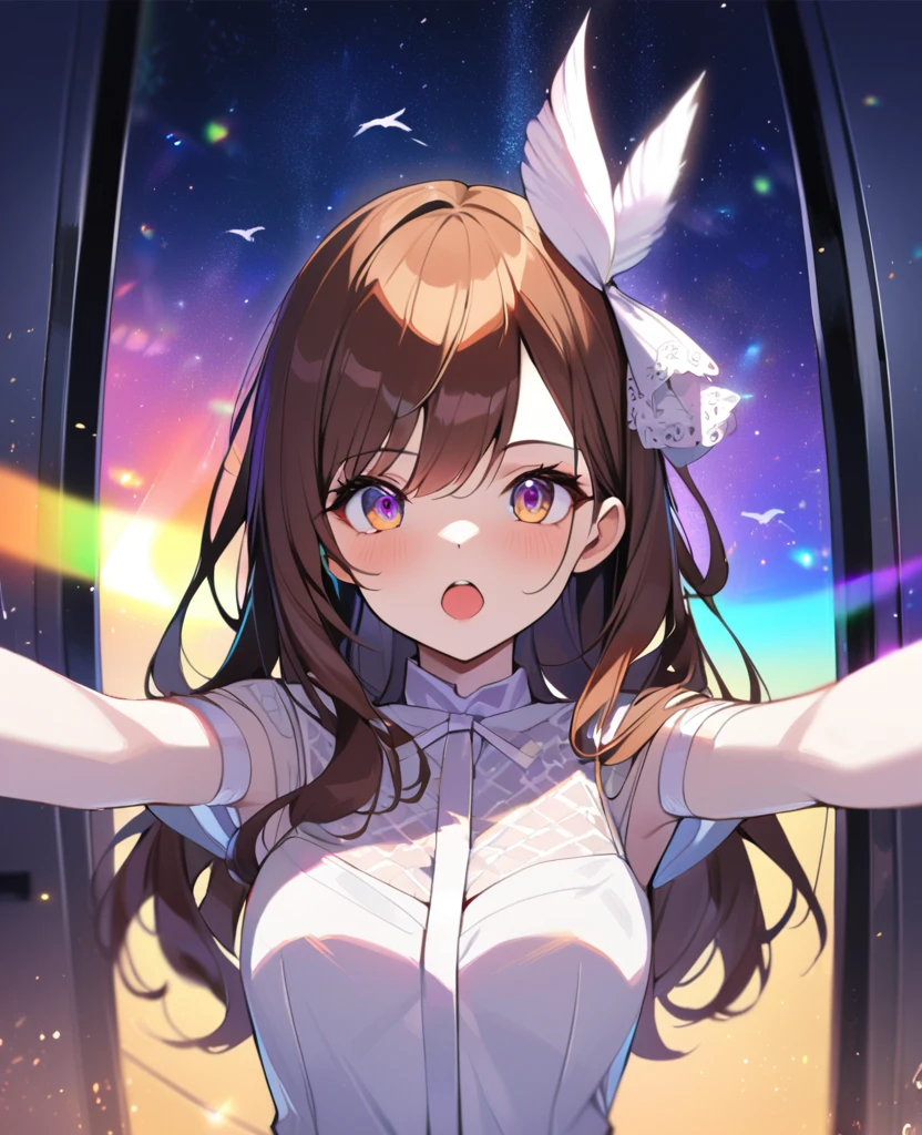 1 Girl, In the rainbow space, Gorgeous, (Brown hair, Colored eyes, White Ribbon) ager, Monica, data center, Monica from Doki Doki Literature Club, Open your mouth, Reaching out to a bird, date, Face Focus, masterpiece, best quality, firefly, Light Particles, Solitary, Pixif, Depth of Field, Composition, Optimal lighting,