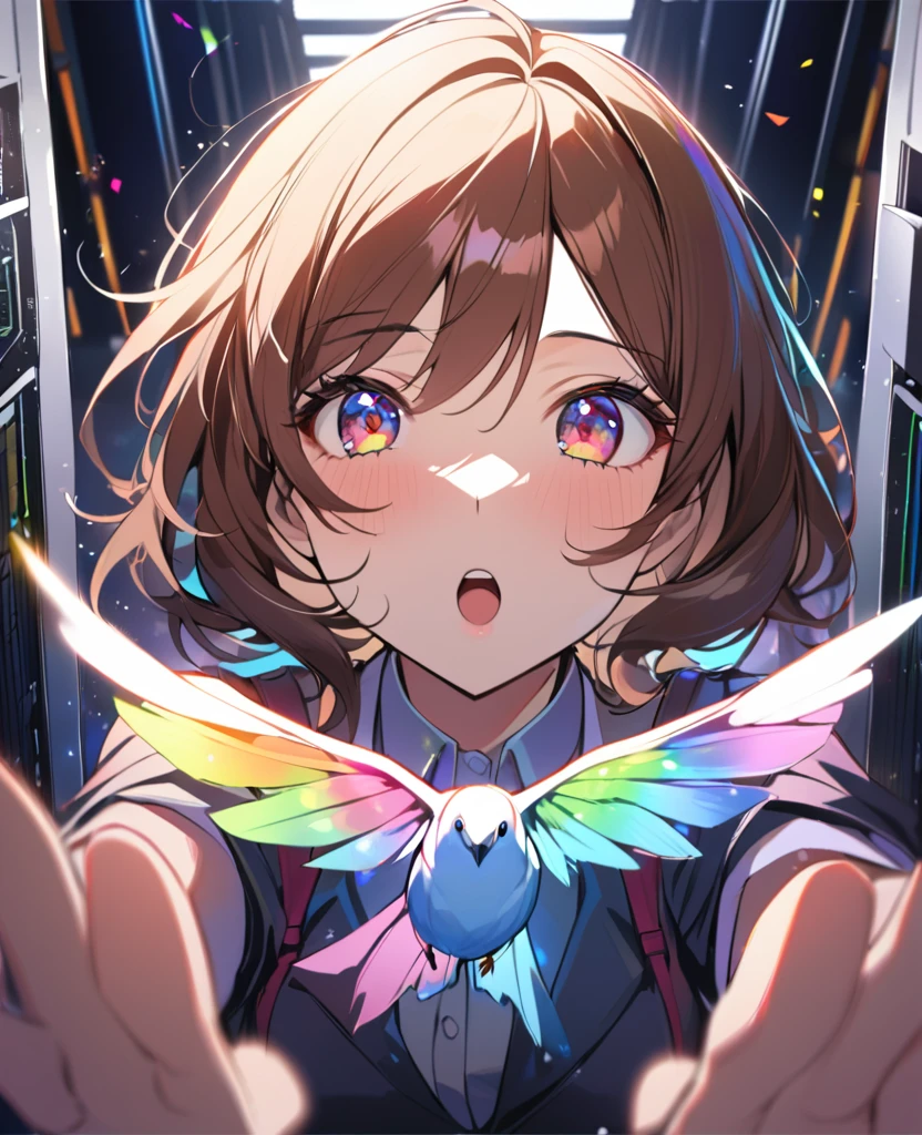 1 Girl, In the rainbow space, Gorgeous, (Brown hair, Colored eyes, White Ribbon) teenager, Monica, data center, Monica from Doki Doki Literature Club, Open your mouth, Reaching out to a bird, date, Face Focus, masterpiece, best quality, firefly, Light Particles, Solitary, Pixif, Depth of Field, Composition, Optimal lighting,