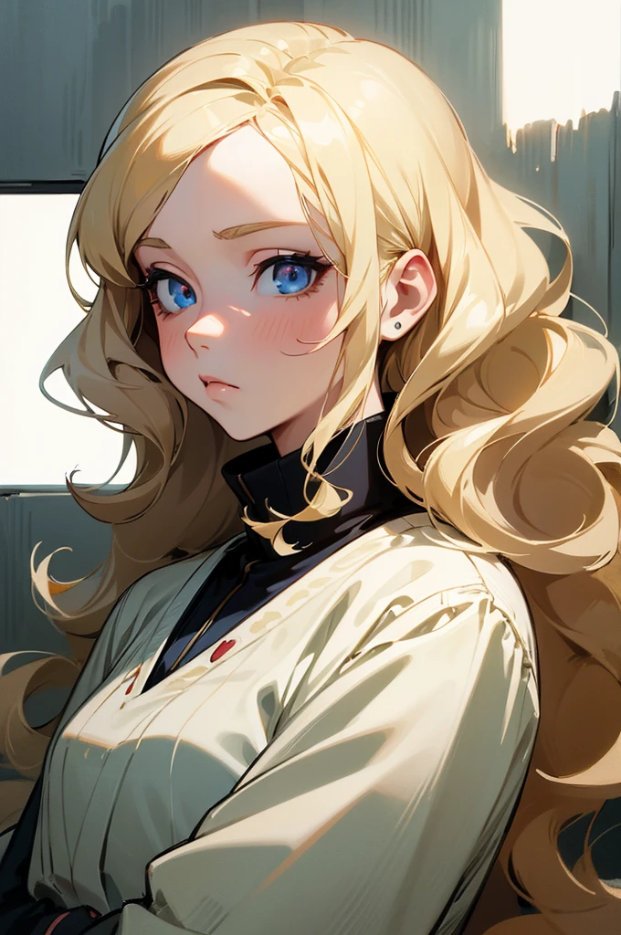(masterpiece), best quality, expressive eyes, perfect face, blonde, femme, cold hearted, fem. soft colored clothing modern attire, mean, anime, mute, rotted personality, long wavy hair, adult, older woman, clean cut, idol, polished,