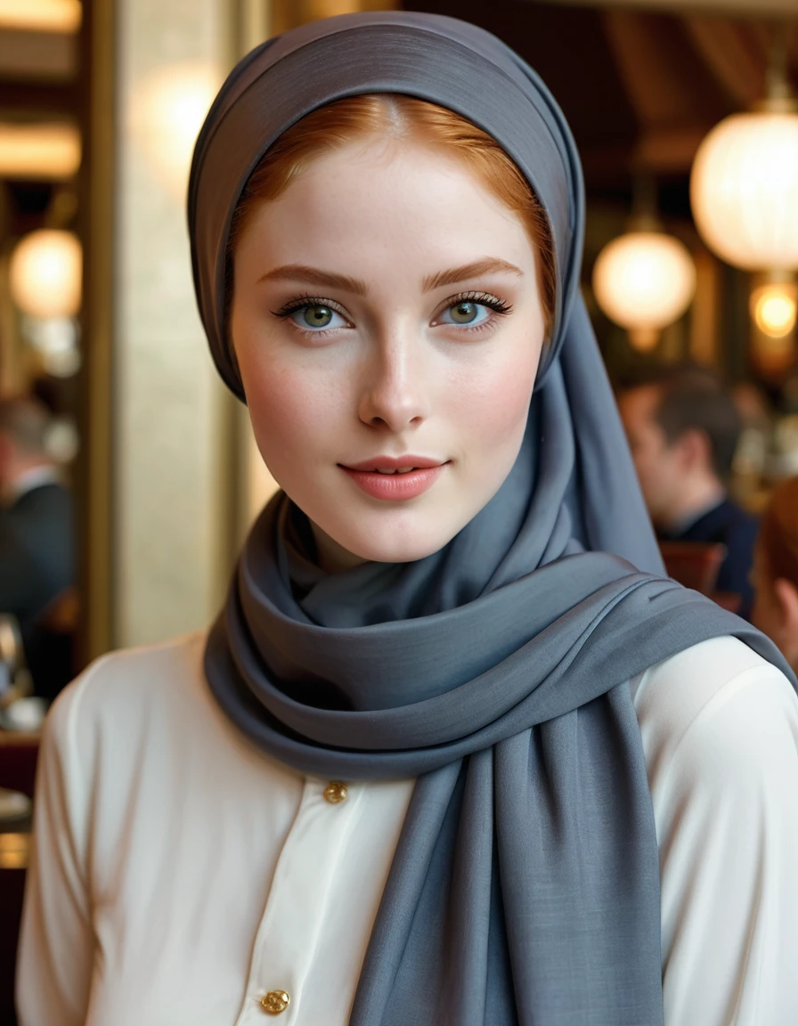 photography full body portrait of very beautiful realistic girl, inside fine dining restaurant, porcelain skin, very fair skin, very pale skin, redhead, wavy, ponytail, very detail skin texture, hazel eyes, slanted eyes, small nose, small nostril, think curved eyebrow, thick bottom lip, seductive gaze, happy face, unique face, wear a headscarf hijab, detail photo, realistic photo, master piece picture, sharp picture, outdoor clear daylight