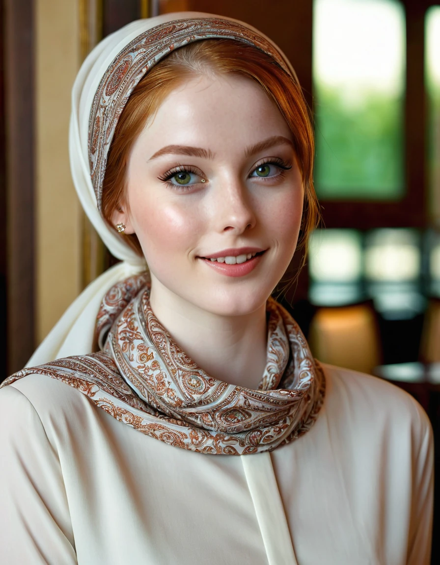 photography full body portrait of very beautiful realistic girl, inside fine dining restaurant, porcelain skin, very fair skin, very pale skin, redhead, wavy, ponytail, very detail skin texture, hazel eyes, slanted eyes, small nose, small nostril, think curved eyebrow, thick bottom lip, seductive gaze, happy face, unique face, wear a headscarf hijab, detail photo, realistic photo, master piece picture, sharp picture, outdoor clear daylight