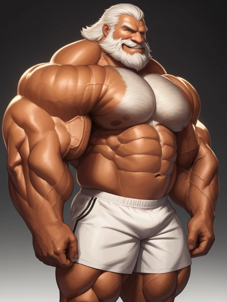 solo, 1boy, perfect anatomy, perfect proportion, smile, grinning, big eyes, happy. Huge Muscular Old man wearing corwn:1.2 and king cloack with short hair ,(white shorts), view from side, pectoral, thick arms, huge pectoral, wide pectoral, white hair, white beards, simple background, masterpiece, semirealistic:1.2, high detailed, 8k, high resolution, perfect center, full view. ((really big muscle, massive muscular, sixpack, thick arms, wide pectoral, super huge muscle, hyper muscular, over sized muscle, huge arms, big arms, huge pectoral))