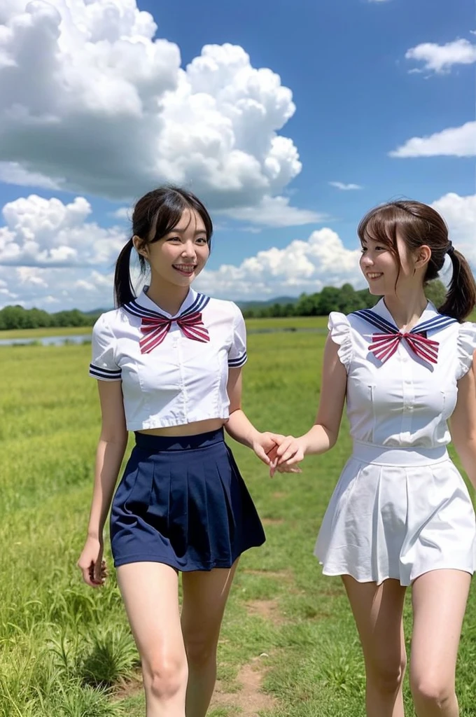 2 girls walking in rural field,cumulonimbus cloud in summer blue sky,white sailor shirt with red bow tie,white panties with navy blue frills,18-year-old,bangs,a little smile,thighs,knees,short hair with low pigtails bunches,from beside,front light