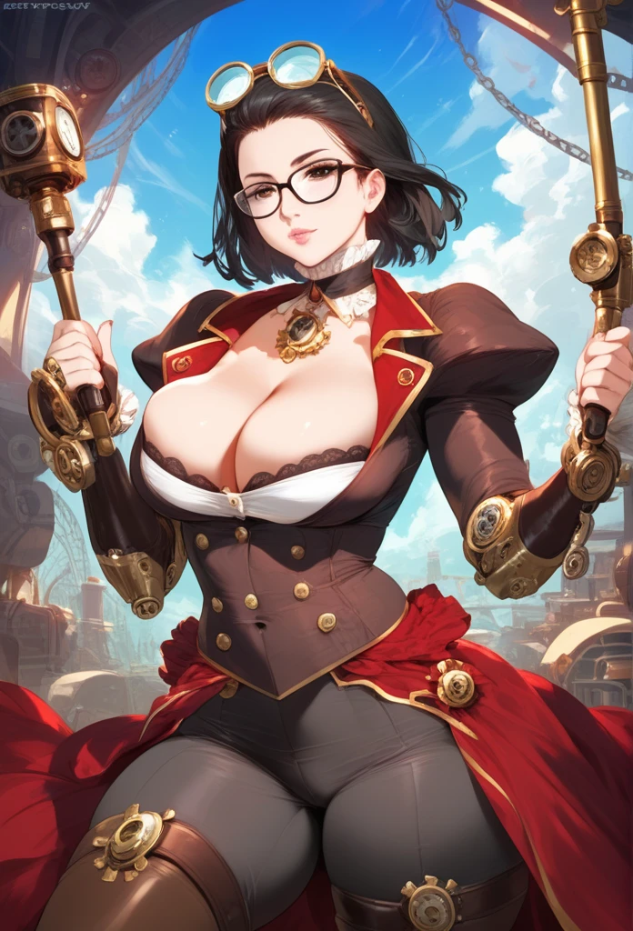 mixed_artstyle, Cleavage, 1 girl, hands, (best quality, 4K, Artwork :1.3), beautiful, hyper-realistic, ultra-detailed face, Detailed lips, detailed, steampunk, black medium hair, glasses on the forehead, steampunk style, steampunk mechanic clothes, Power gauntlet on the left arm, tools, robots in the background