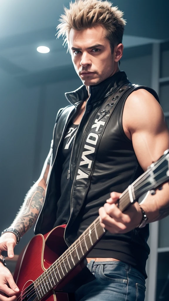 Cold and dangerous man, with Rockstar and punk airs, no shirt with abs zero definition, very similar to sid vicious.playing the guitar