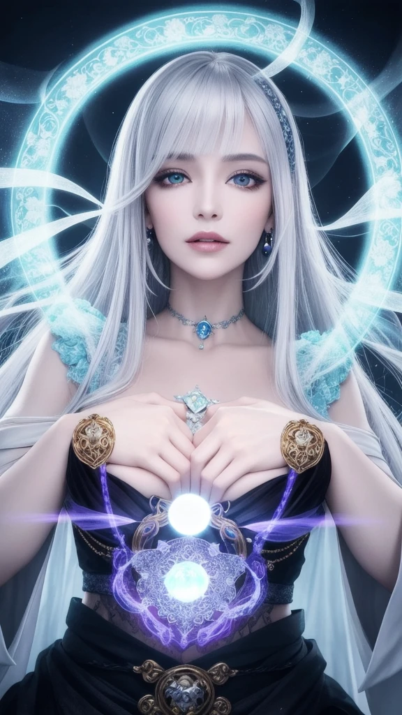 (masterpiece, top quality, 1 female, solo, exquisite details, chromatic aberration), (realistic), (skin), ((breathing)), (silver hair, blunt bangs, short straight long hair, short bangs, silver hair), beautiful hair, red headdress, blue highlights, hair over one eye, pretty eyes, purple eyes, thick lips, earrings, piercing eyes, ((gold and white kimono)), ((symmetrical eyes)), ((perfectly symmetrical body)), ((perfectly symmetrical hands)), (purerosface_v1:0.3), night, ((self, natural light))), bright lighting, flowers blooming in the background, in front of the viewer, ((central shot, from the front, (face and shoulders))), mysterious atmosphere, flowers blooming around, light colored background, fortune teller in kimono, beautiful fortune teller, fortune teller, fantasy female fortune teller, female fortune teller, f Fantasy photography, magician, witch fairy tale, Japanese style, elegant cinematic fantasy art, fantasy woman, sorceress portrait, casting spells, fortune teller, powerful wizard stands among mystical colorful flowers, fluttering robes adorned with symbols, holding a glowing heart crystal ball, eyes glowing with mystical energy, spells leaking from his mouth, vivid swirling patterns of black magic pulsating with iridescent hues appear in the air, magic permeates, flowers bloom, sacred creatures gaze in awe, threads of magical energy dance, revealing hidden realms, unravelling secrets, capturing the essence of this enchanting moment and bringing to life the mystical power of witchcraft on a canvas of the highest quality and finest detail. Top Quality, Masterpiece, Ultra High Resolution, (Photorealistic: 1.4), RAW Photo, Sharp Focus, High Resolution, Detailed Skin.