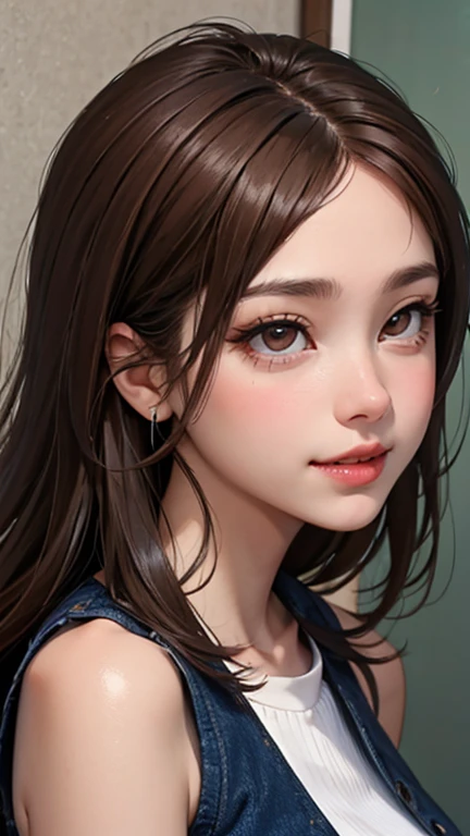 blush a little and smile, (Top quality masterpiece:1.2) Delicate illustrations, Very detailed, /Beautiful Japanese Women、1 person,Very cute and slim、Great style 、((8K images、super high quality))、Very delicate face, Skin and Hair、beautifule forehead、Red lipstick、(((((Mid-length hair、Brown Hair、lure))))),Very cute Japanese cut face、Eyes and nose are clearly visible、Kind eyes,((((Sleeveless fashion))))