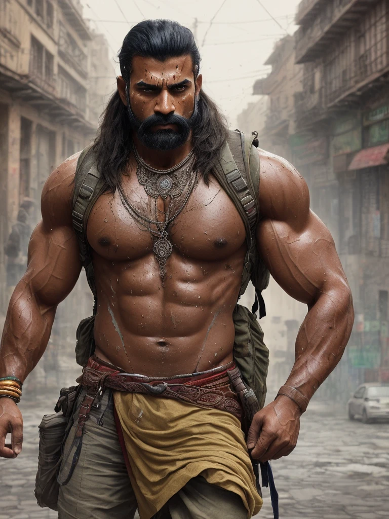 strong muscular Indian man, street angry, backpack, epic realistic, photo, faded, complex stuff around, intricate background, soaking wet, neutral colors, ((((hdr)))), ((((muted colors)))), intricate scene, artstation, intricate details, vignette