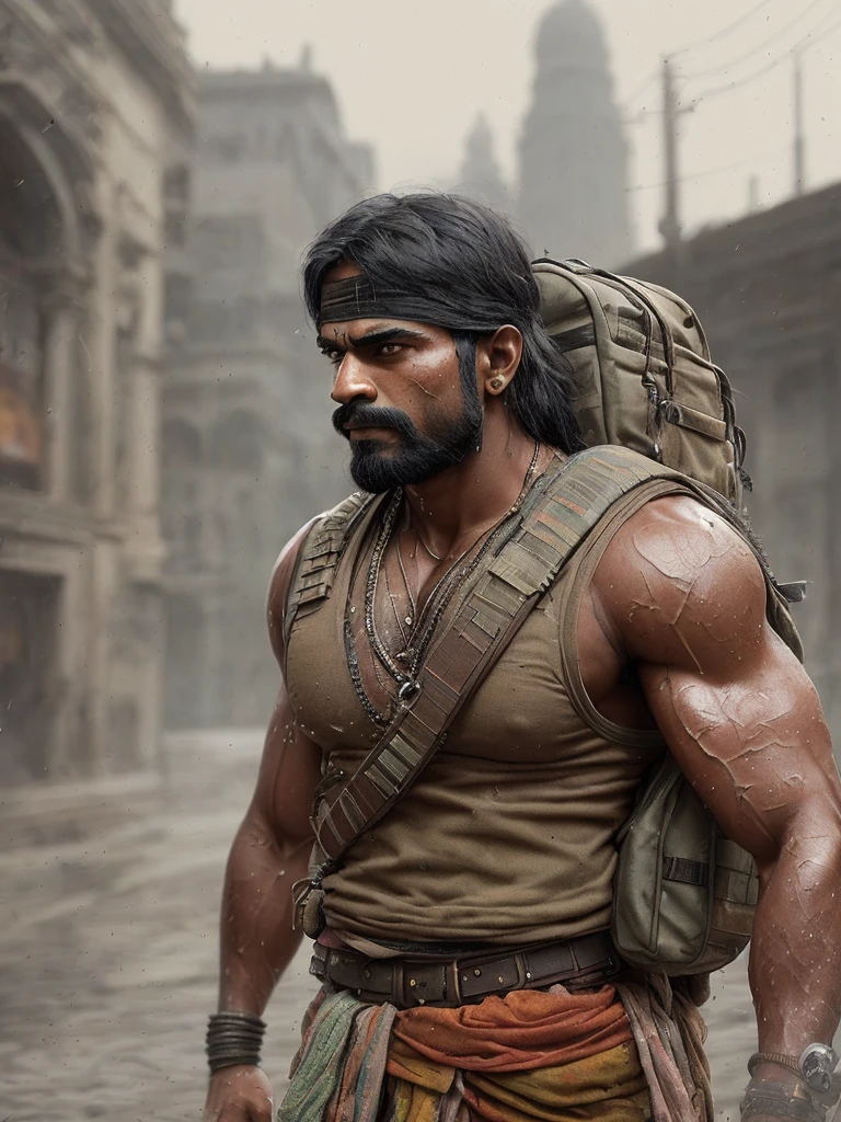 strong muscular Indian man, street angry, backpack, epic realistic, photo, faded, complex stuff around, intricate background, soaking wet, neutral colors, ((((hdr)))), ((((muted colors)))), intricate scene, artstation, intricate details, vignette