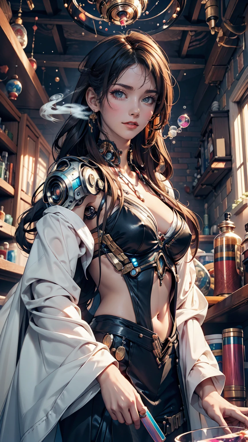 (UHD, retina, masterpiece, accurate, anatomically_correct, textured_skin, super_detail, high_details, high_quality, best_quality, high_res, 1080P, HD, 4K, 8k, 16k), (beautiful_detailed_eyes, beautiful_detailed_lips, extremely_detailed_eyes_and_face), soft_lighting, physically-based_rendering, vivid_colors, (large_breasts:1.5), (shiny_hair, shiny_skin, tanned_skin, blush), (bangs:1.5), eye_reflection, (bokeh), semi-profile_view, (steampunk, steam_power, retro-futurism, victorian_aesthetics, gear_and_clock_gears, bronze, copper, brass, goggles, steampunk_Airships, adventure_and, silver_hair:1.5),