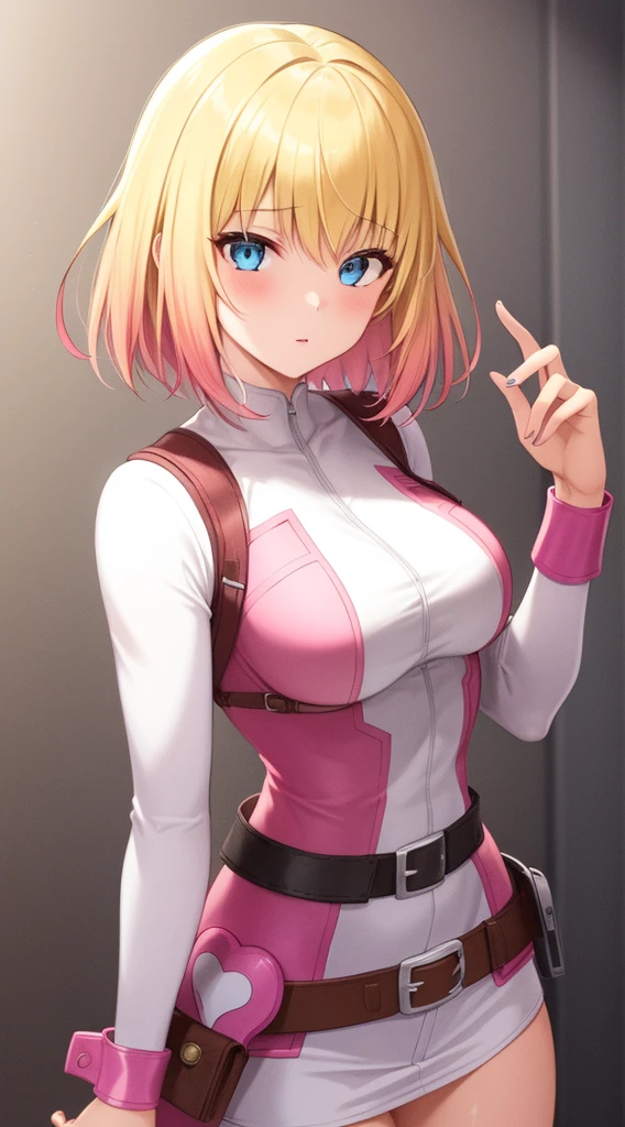 gwenpool, 1girl, blonde hair, multicolored hair, solo, blue eyes, short hair, gradient hair, belt, two-tone hair, pink hair, breasts.