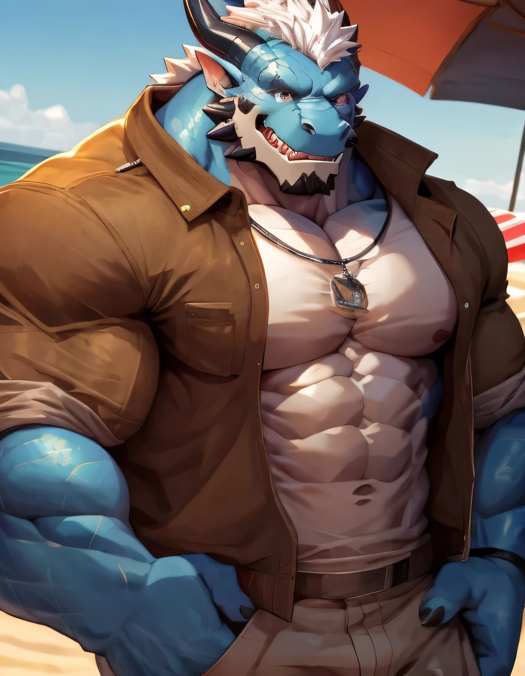 (Perfect quality)A male,Dragon Orc,Blue scales,White hair,Loose jacket,Strong muscles,Hands in pockets,Smile cheerfully,Showing off your abdominal muscles,8K,HD,Beach background,