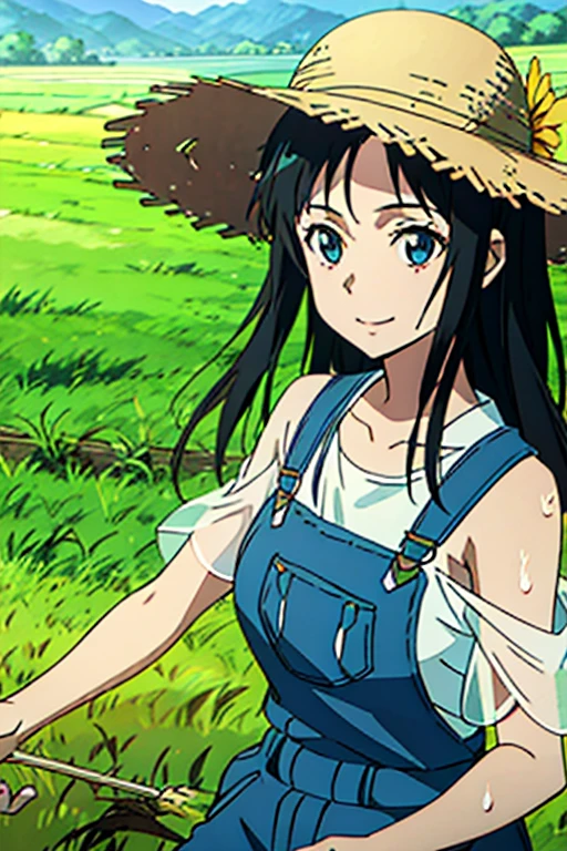 Shoulder-length hair Black Hair Farm work overalls Straw hat Sweat Anime Style smile towel Paddy field sunny rice See-through clothing