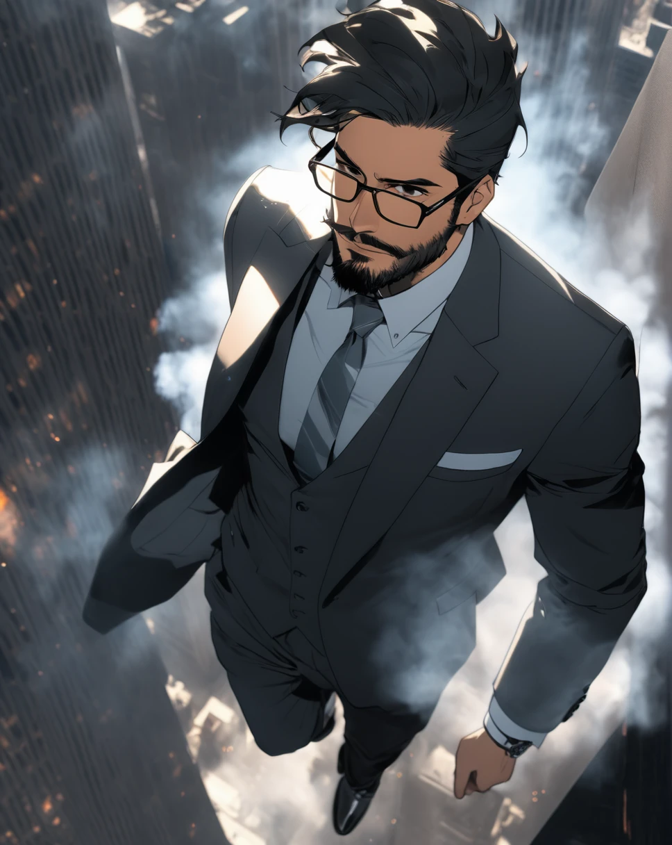 mid 30s, man, looking upwards ,1 man, scruffy beard, long black hair, long hair, Smokey background, Smokey city, in a suit, glasses, cool, action shot, Hispanic,HD, high resolution, high angle, high lighting