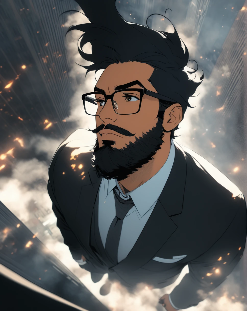 mid 30s, man ,1 man, scruffy beard, long black hair, long hair, Smokey background, Smokey city, in a suit, smoking, glasses, cool, action shot, Hispanic,HD, high resolution, high angle, high lighting