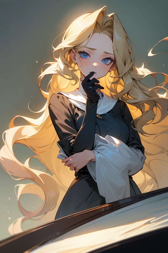 (masterpiece), best quality, expressive eyes, perfect face, blonde, femme, cold hearted, fem. soft colored clothing modern attire, mean, anime, mute, rotted personality, long wavy hair, adult, older woman, clean cut, idol, polished, very long and big hair