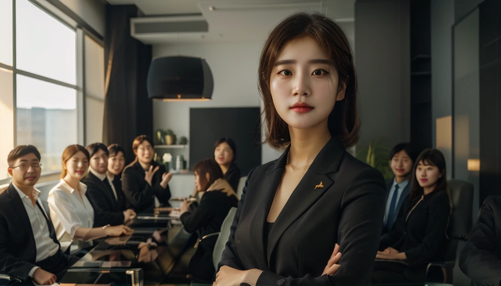 there is a woman standing in front of a table with people, trending on cgstation, executive industry banner, by Jang Seung-eop, female lead character, corporate animation style, by Ni Yuanlu, corporate portait, for hire 3d artist, ceo, 3 d cg, 3d cg, promotional render, 3 d render character art 8 k