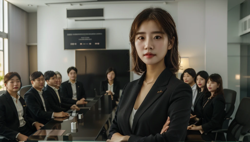 there is a woman standing in front of a table with people, trending on cgstation, executive industry banner, by Jang Seung-eop, female lead character, corporate animation style, by Ni Yuanlu, corporate portait, for hire 3d artist, ceo, 3 d cg, 3d cg, promotional render, 3 d render character art 8 k