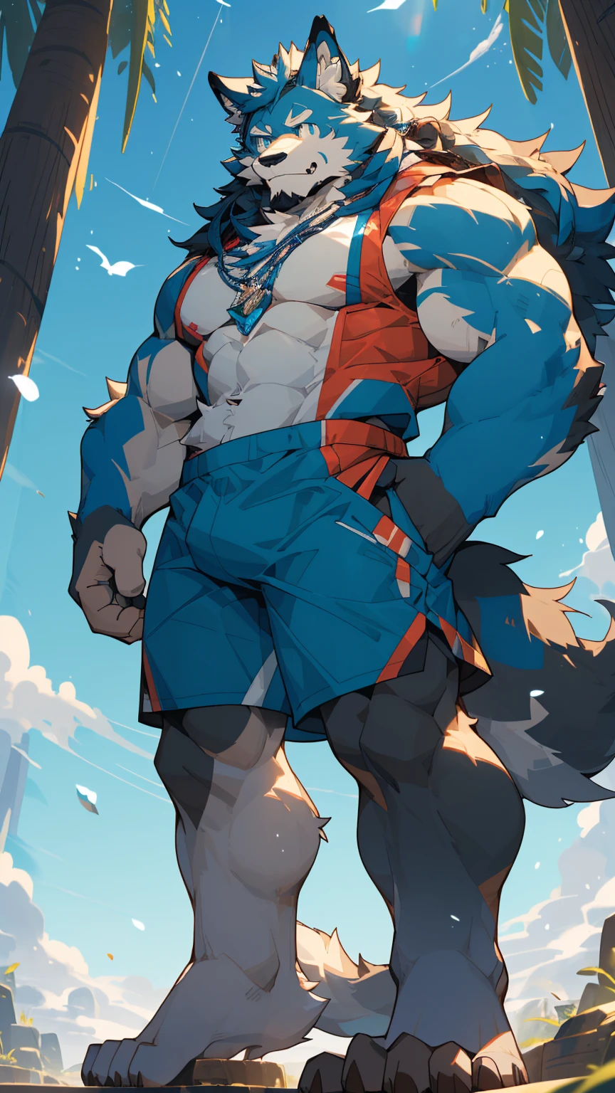 Sunlight，high resolution，4K，like，(((whole body)))，masterpiece，high quality，Brave and bold，((Wolf))，male，((Strike a pose:1.3))，WolfFurry，(Middle-aged uncle)，hairy，((charming，Smiling Face，Long hair))，((peaceful，Comfort))，((strong，Tall and big:1.3，thin long ears:1.3，Well-proportioned limbs:1.3，Wolf尾巴:1.3，Bigfoot，Meat pad:1.2，Crotch bulge:1.3))，(((Red and black sports shorts)))，(((Green ears，Dark blue head，dark blue back，Dark blue limbs，White milk，White belly，Blue pupils)))，charming脸庞，Attention to detail，Detailed body，Detailed hands