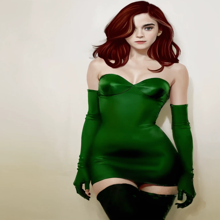 a close up of a woman in a vestido verde and gloves, vestido verde, full body portrait of Jean gris, full body vestido verde, she wears a dark vestido verde, Hiedra venenosa from batman, emma watson as Hiedra venenosa, Hiedra venenosa, Jean gris, pintura digital brillante, piel verde!, ropa verde, inspirado por Aloysius O'Kelly, vestido ajustado