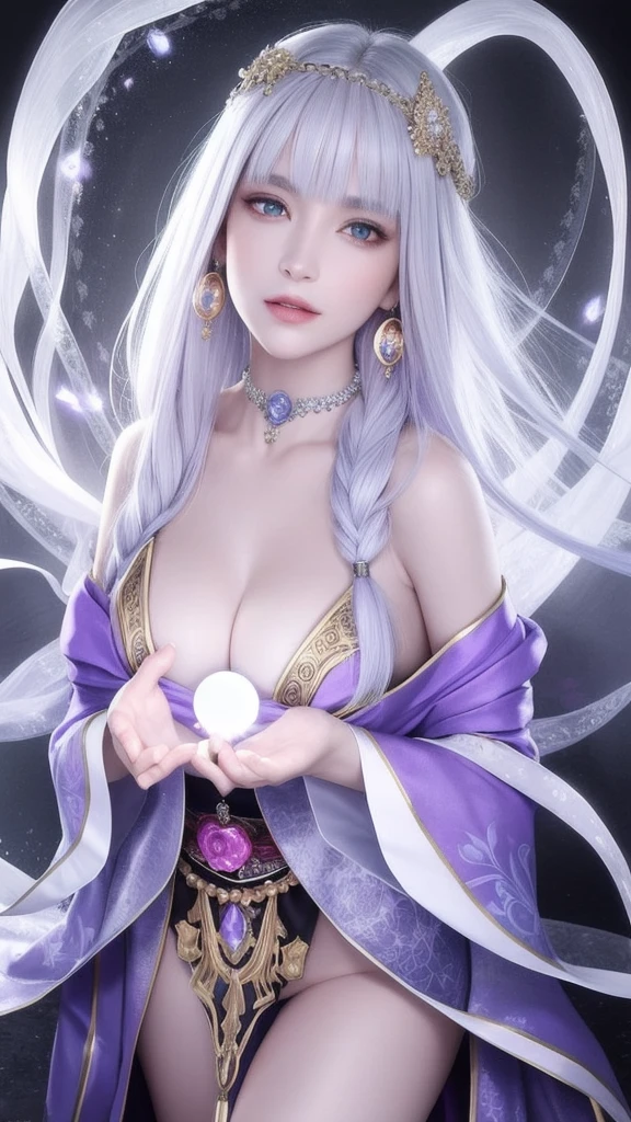 (masterpiece, top quality, 1 female, solo, exquisite details, chromatic aberration), (realistic), (skin), ((breathing)), (silver hair, blunt bangs, short straight long hair, short bangs, silver hair), beautiful hair, red headdress, blue highlights, hair over one eye, pretty eyes, purple eyes, thick lips, earrings, piercing eyes, ((gold and white kimono)), ((symmetrical eyes)), ((perfectly symmetrical body)), ((perfectly symmetrical hands)), (purerosface_v1:0.3), night, ((self, natural light))), bright lighting, flowers blooming in the background, in front of the viewer, ((central shot, from the front, (face and shoulders))), mysterious atmosphere, flowers blooming around, light colored background, fortune teller in kimono, beautiful fortune teller, fortune teller, fantasy female fortune teller, female fortune teller, f Fantasy photography, magician, witch fairy tale, Japanese style, elegant cinematic fantasy art, fantasy woman, sorceress portrait, casting spells, fortune teller, powerful wizard stands among mystical colorful flowers, fluttering robes adorned with symbols, holding a glowing heart crystal ball, eyes glowing with mystical energy, spells leaking from his mouth, vivid swirling patterns of black magic pulsating with iridescent hues appear in the air, magic permeates, flowers bloom, sacred creatures gaze in awe, threads of magical energy dance, revealing hidden realms, unravelling secrets, capturing the essence of this enchanting moment and bringing to life the mystical power of witchcraft on a canvas of the highest quality and finest detail. Top Quality, Masterpiece, Ultra High Resolution, (Photorealistic: 1.4), RAW Photo, Sharp Focus, High Resolution, Detailed Skin.