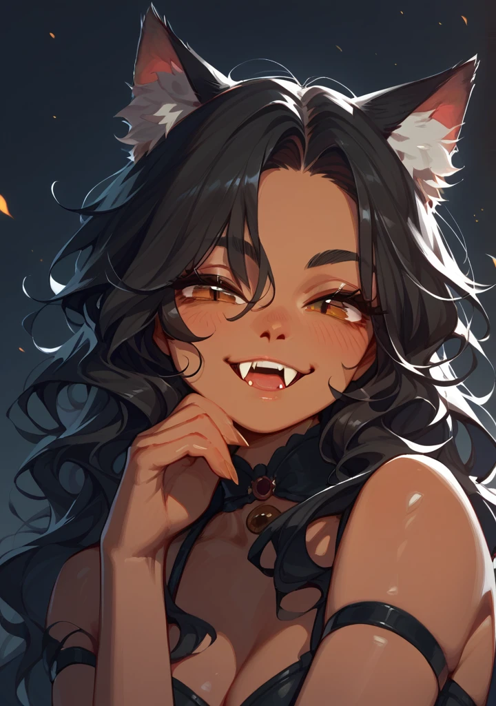 Half body, A beautiful woman, long wavy black hair, brown eyes, dark clothing, cat ears and tail, fangs, 