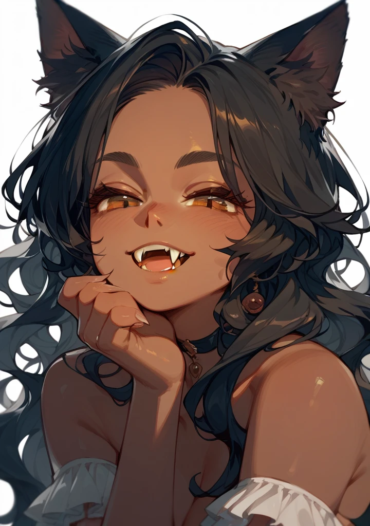 Half body, A beautiful woman, long wavy black hair, brown eyes, dark clothing, cat ears and tail, fangs, 