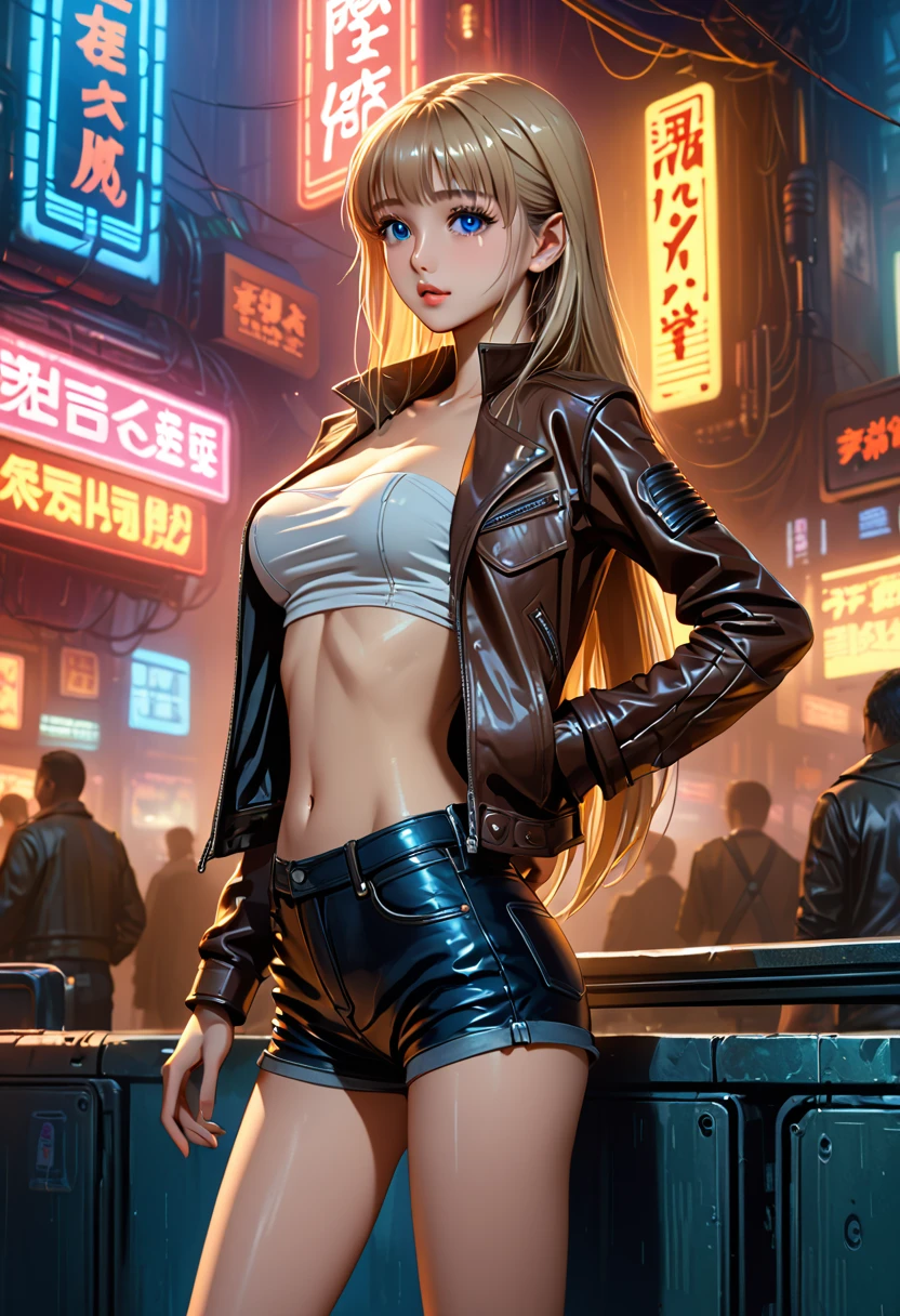((masterpiece,Highest quality:1.3)), 8k wallpaper、cowboy shot,1woman、20 year old beauty、独奏,((very small head:1.5)),blonde hair,long hair,bangs,blue eyes,gorgeous eyes,shy,medium breasts,((very long body:1.3)),(toned body,slender body,skinny,brown skin),gleaming skin,shiny skin,oily skin,(leather jacket、Tube top shirt、Micro Shorts、World of Blade Runner、