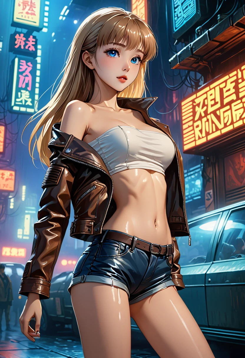 ((masterpiece,Highest quality:1.3)), 8k wallpaper、cowboy shot,1woman、20 year old beauty、独奏,((very small head:1.5)),blonde hair,long hair,bangs,blue eyes,gorgeous eyes,shy,medium breasts,((very long body:1.3)),(toned body,slender body,skinny,brown skin),gleaming skin,shiny skin,oily skin,(leather jacket、Tube top shirt、Micro Shorts、World of Blade Runner、